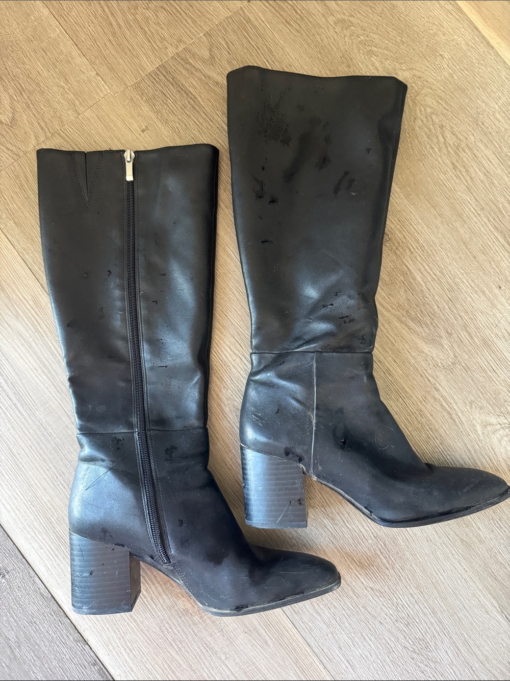 Black Faux Leather Block Heel Knee-High Boots